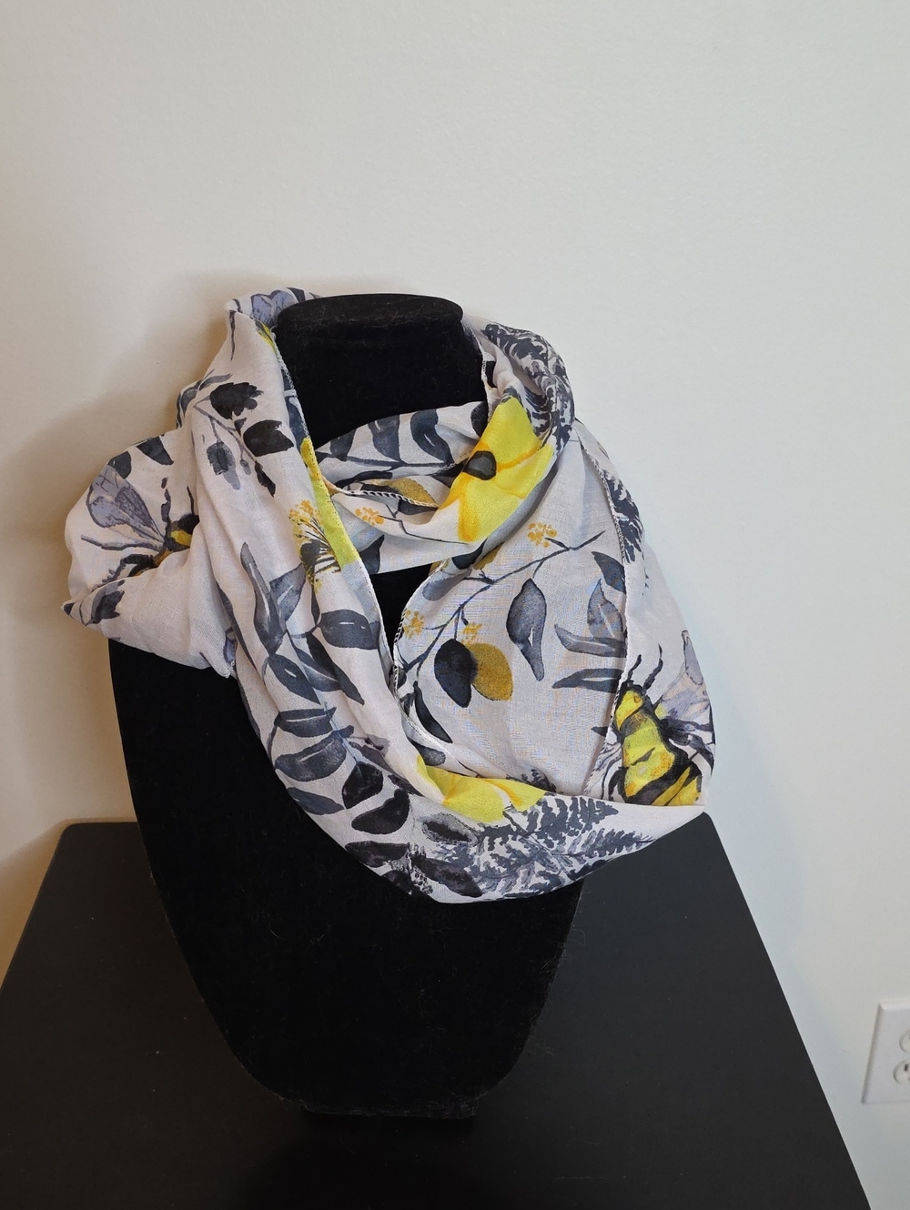 Lightweight Floral Infinity Scarf in Yellow and Gray